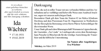 Traueranzeige von Ida Wächter von Thüringer Allgemeine