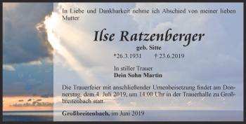 Traueranzeige von Ilse Ratzenberger von Thüringer Allgemeine