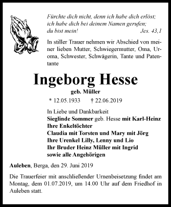 Traueranzeige von Ingeborg Hesse von Thüringer Allgemeine