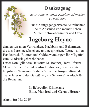 Traueranzeige von Ingeborg Heyne von Thüringer Allgemeine, Thüringische Landeszeitung