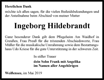 Traueranzeige von Ingeborg Hildebrandt von Thüringer Allgemeine