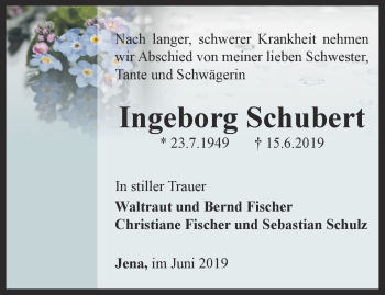 Traueranzeige von Ingeborg Schubert von Ostthüringer Zeitung, Thüringische Landeszeitung