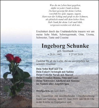 Traueranzeige von Ingeborg Schunke von Thüringer Allgemeine, Thüringische Landeszeitung