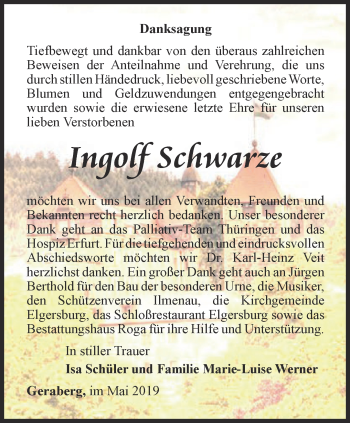 Traueranzeige von Ingolf Schwarze von Thüringer Allgemeine