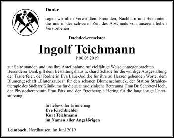 Traueranzeige von Ingolf Teichmann von Thüringer Allgemeine