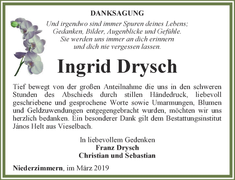  Traueranzeige für Ingrid Drysch vom 16.03.2019 aus Thüringer Allgemeine, Thüringische Landeszeitung