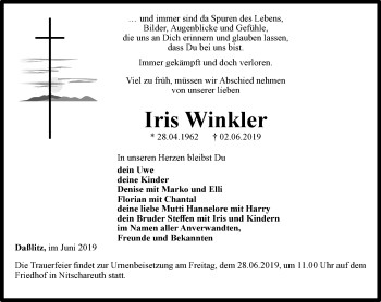 Traueranzeige von Iris Winkler von Ostthüringer Zeitung