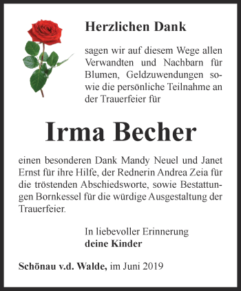 Traueranzeige von Irma Becher von Ostthüringer Zeitung, Thüringische Landeszeitung