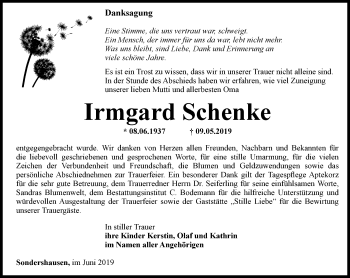 Traueranzeige von Irmgard Schenke von Thüringer Allgemeine