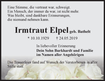 Traueranzeige von Irmtraut Elpel von Thüringer Allgemeine, Thüringische Landeszeitung