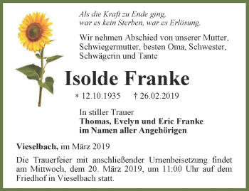 Traueranzeige von Isolde Franke von Thüringer Allgemeine, Thüringische Landeszeitung