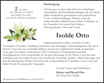 Traueranzeige von Isolde Otto von Thüringer Allgemeine, Thüringische Landeszeitung