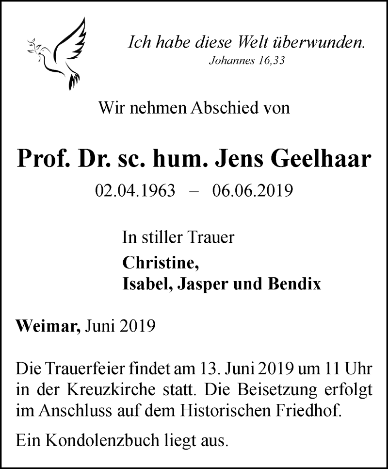  Traueranzeige für Jens Geelhaar vom 08.06.2019 aus Thüringer Allgemeine, Thüringische Landeszeitung