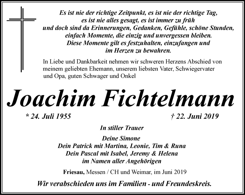  Traueranzeige für Joachim Fichtelmann vom 28.06.2019 aus Ostthüringer Zeitung