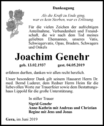 Traueranzeige von Joachim Genehr von Ostthüringer Zeitung