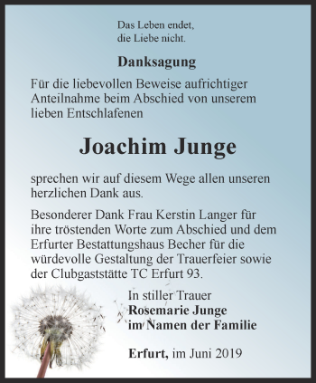 Traueranzeige von Joachim Junge von Thüringer Allgemeine, Thüringische Landeszeitung