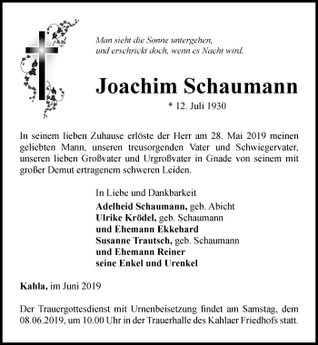 Traueranzeige von Joachim Schaumann von Ostthüringer Zeitung, Thüringische Landeszeitung