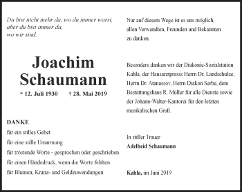 Traueranzeige von Joachim Schaumann von Ostthüringer Zeitung, Thüringische Landeszeitung