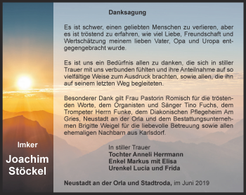 Traueranzeige von Joachim Stöckel von Ostthüringer Zeitung