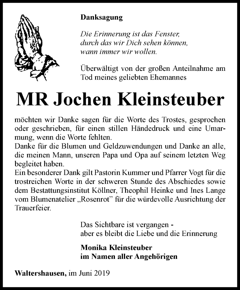  Traueranzeige für Jochen Kleinsteuber vom 14.06.2019 aus Ostthüringer Zeitung, Thüringische Landeszeitung