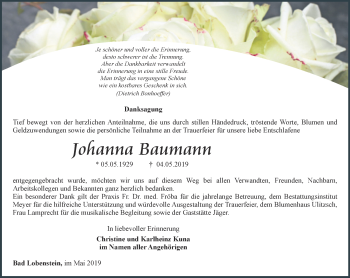 Traueranzeige von Johanna Baumann von Ostthüringer Zeitung