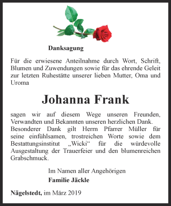 Traueranzeige von Johanna Frank von Thüringer Allgemeine, Thüringische Landeszeitung