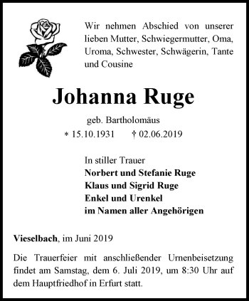 Traueranzeige von Johanna Ruge von Thüringer Allgemeine, Thüringische Landeszeitung