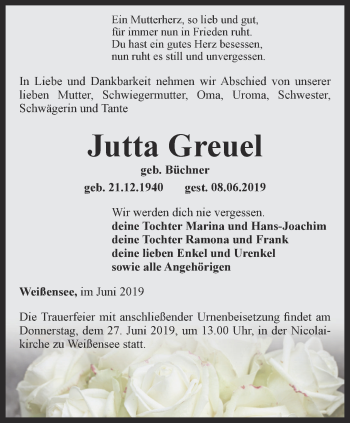 Traueranzeige von Jutta Greuel von Thüringer Allgemeine