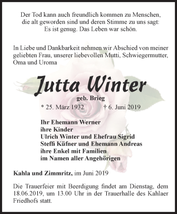 Traueranzeige von Jutta Winter von Ostthüringer Zeitung, Thüringische Landeszeitung