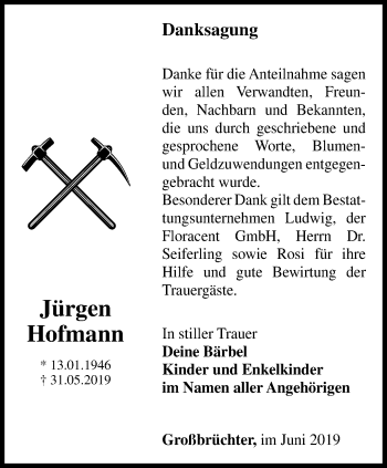 Traueranzeige von Jürgen Hofmann von Thüringer Allgemeine
