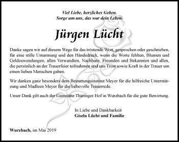 Traueranzeige von Jürgen Lücht von Ostthüringer Zeitung