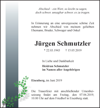 Traueranzeige von Jürgen Schmutzler von Ostthüringer Zeitung