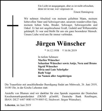 Traueranzeige von Jürgen Wünscher von Ostthüringer Zeitung, Thüringische Landeszeitung