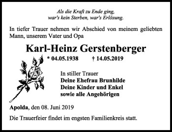 Traueranzeige von Karl-Heinz Gerstenberger von Thüringer Allgemeine, Thüringische Landeszeitung