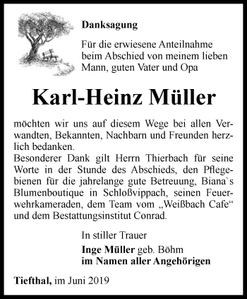 Traueranzeige von Karl-Heinz Müller von Thüringer Allgemeine, Thüringische Landeszeitung