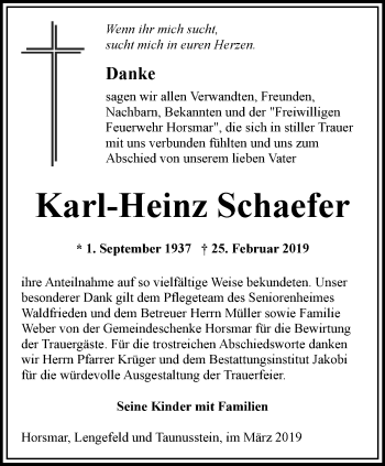 Traueranzeige von Karl-Heinz Schaefer von Thüringer Allgemeine, Thüringische Landeszeitung