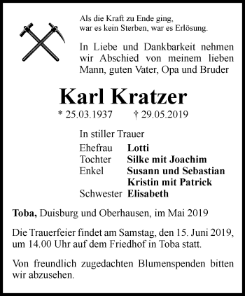 Traueranzeige von Karl Kratzer von Thüringer Allgemeine