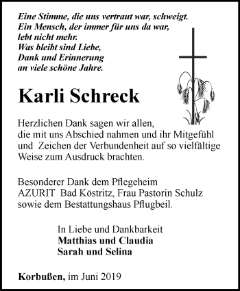 Traueranzeige von Karli Schreck von Ostthüringer Zeitung