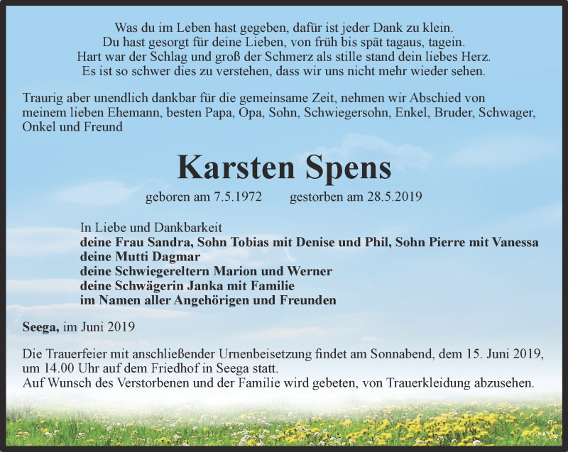 Traueranzeige für Karsten Spens vom 08.06.2019 aus Thüringer Allgemeine