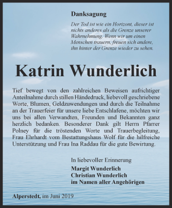 Traueranzeige von Katrin Wunderlich von Thüringer Allgemeine, Thüringische Landeszeitung