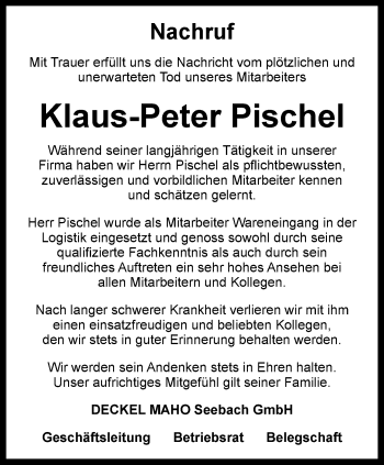 Traueranzeige von Klaus-Peter Pischel von Ostthüringer Zeitung, Thüringische Landeszeitung