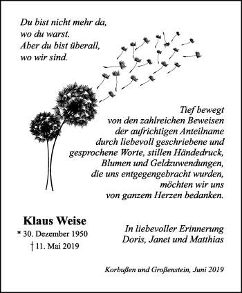 Traueranzeige von Klaus Weise von Ostthüringer Zeitung