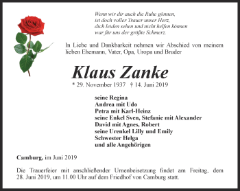 Traueranzeige von Klaus Zanke von Ostthüringer Zeitung, Thüringische Landeszeitung