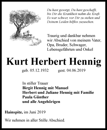 Traueranzeige von Kurt Herbert Hennig von Ostthüringer Zeitung
