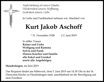 Traueranzeige von Kurt Jakob Aschoff von Thüringer Allgemeine