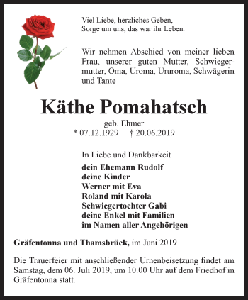 Traueranzeige von Käthe Pomahatsch von Thüringer Allgemeine, Thüringische Landeszeitung