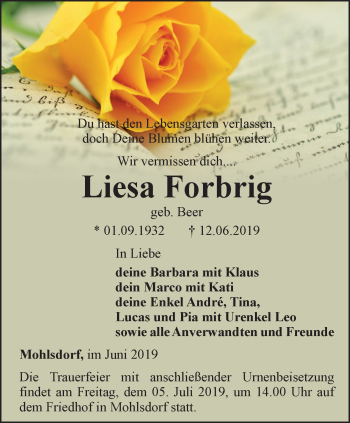 Traueranzeige von Liesa Forbrig von Ostthüringer Zeitung