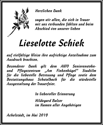 Traueranzeige von Lieselotte Schiek von Thüringer Allgemeine