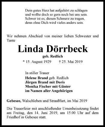 Traueranzeige von Linda Dörrbeck von Thüringer Allgemeine, Thüringische Landeszeitung