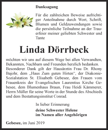 Traueranzeige von Linda Dörrbeck von Thüringer Allgemeine, Thüringische Landeszeitung